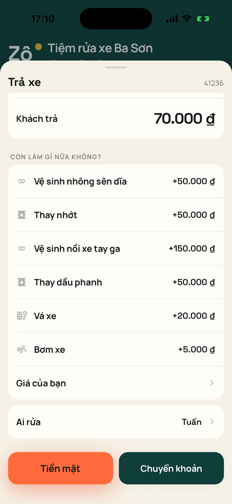 Màn hình trả xe: khách trả 39.000 ₫, chọn tiền mặt hay chuyển khoản, ai đã rửa